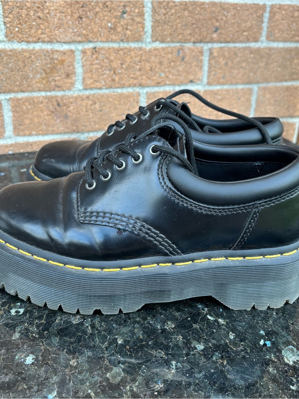 Dr. Martens Black Leather Lace-Up Platform Oxfords with Yellow Stitching - Picture 6 of 12